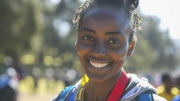 AI generated A young African woman, with a look of accomplishment and a medal, is celebrating her win in a marathon in Addis Ababa, Ethiopia photo
