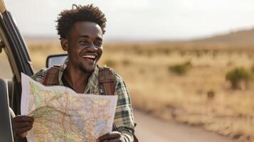 ai generado un joven africano hombre, con un Mira de emoción y un mapa, es planificación un la carretera viaje a través de Namibia foto