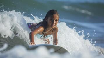 ai generado un Adolescente niña desde central America, con un enfocado expresión y un tabla de surf, es montando un ola en un playa en costa rica foto