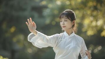 ai generado un joven este asiático mujer es practicando Tai chi en un pacífico parque en Beijing foto