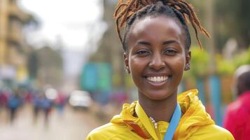 ai generado un joven africano mujer, con un Mira de logro y un medalla, es celebrando su ganar en un maratón en addis ababa, Etiopía foto