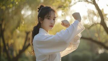 AI generated A young East Asian woman is practicing Tai Chi in a peaceful park in Beijing photo