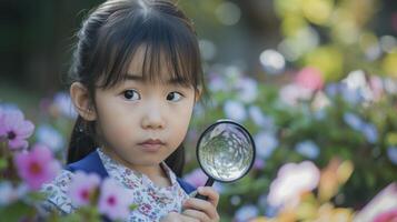 ai generado un joven niña desde este Asia, con un curioso expresión y un aumentador vaso, es explorador un jardín en kioto, Japón foto