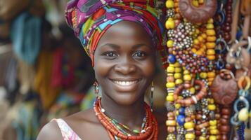 ai generado un joven africano mujer, con un radiante sonrisa y un vistoso envoltura de la cabeza, es de venta hecho a mano joyería a un bullicioso mercado en lagos, Nigeria foto