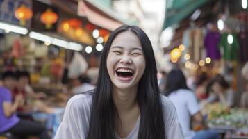 ai generado un joven asiático mujer en su temprano 20 años, con largo negro pelo y en forma de almendra ojos, es riendo sinceramente mientras sentado en un bullicioso calle mercado en Bangkok foto