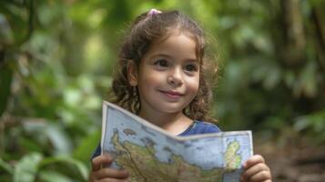 ai generado un joven niña desde sur America, con un curioso expresión y un mapa, es explorador el Amazonas selva en Brasil foto