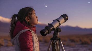 ai generado un joven niña desde sur America, con un curioso expresión y un telescopio, es estudio de las estrellas en el atacama Desierto en Chile foto