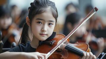 ai generado un joven niña desde este Asia, con un determinado expresión y un violín, es practicando para un música competencia en un conservatorio en llevar a la fuerza, China foto