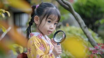 ai generado un joven niña desde este Asia, con un curioso expresión y un aumentador vaso, es explorador un jardín en kioto, Japón foto