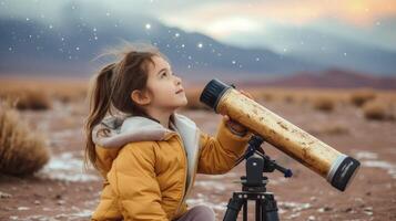 ai generado un joven niña desde sur America, con un curioso expresión y un telescopio, es estudio de las estrellas en el atacama Desierto en Chile foto