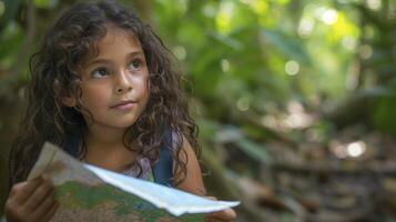 ai generado un joven niña desde sur America, con un curioso expresión y un mapa, es explorador el Amazonas selva en Brasil foto