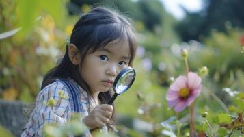 ai generado un joven niña desde este Asia, con un curioso expresión y un aumentador vaso, es explorador un jardín en kioto, Japón foto