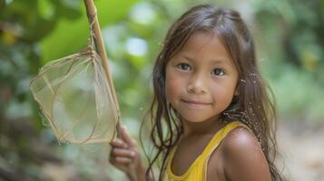 ai generado un joven niña desde sur America, con un curioso expresión y un mariposa neto, es explorador el Amazonas selva en Brasil foto