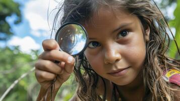 AI generated A young girl from South America, with a curious expression and a magnifying glass, is studying insects in the Amazon rainforest in Brazil photo