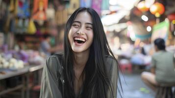 AI generated A young Asian woman in her early 20s, with long black hair and almond-shaped eyes, is laughing heartily while sitting in a bustling street market in Bangkok photo