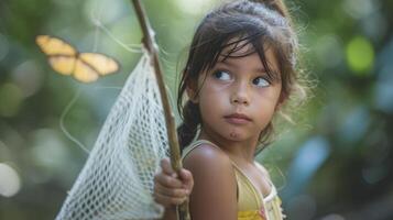 ai generado un joven niña desde sur America, con un curioso expresión y un mariposa neto, es explorador el Amazonas selva en Brasil foto