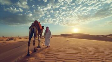 AI generated A young man from the Middle East, with a keffiyeh and a camel, is crossing a desert in Saudi Arabia photo