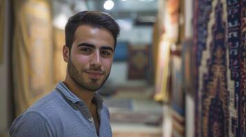 AI generated A young man from the Middle East, with a proud expression and a piece of art, is showcasing his work in a gallery in Tehran, Iran photo