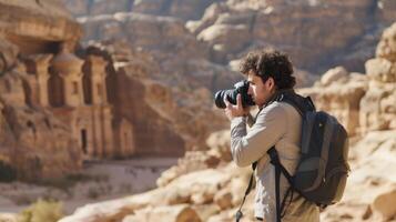 ai generado un joven hombre desde el medio este, con un orgulloso expresión y un cámara, es tomando fotos de el paisaje en petra, Jordán