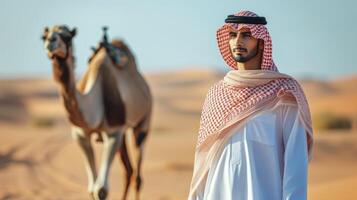 AI generated A young man from the Middle East, with a keffiyeh and a camel, is crossing a desert in Saudi Arabia photo