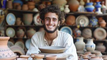 ai generado un joven hombre desde el medio este, con un orgulloso expresión y un pedazo de cerámica, es exhibiendo su trabajo en un mercado en marrakech, Marruecos foto