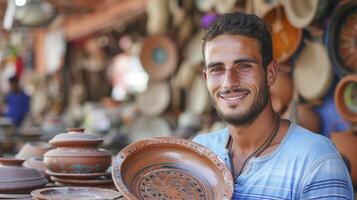 AI generated A young man from the Middle East, with a proud expression and a piece of pottery, is showcasing his work in a market in Marrakech, Morocco photo