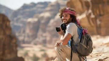 AI generated A young man from the Middle East, with a proud expression and a camera, is taking photos of the landscape in Petra, Jordan