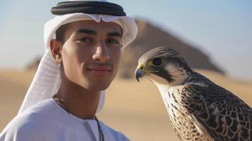 AI generated A young man from the Middle East, with a proud expression and a falcon on his arm, is participating in a falconry competition in the desert in the United Arab Emirates photo