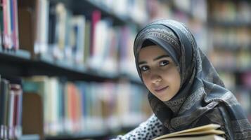 ai generado un joven medio oriental niña con oscuro marrón ojos y un hijab es estudiando en un biblioteca en Estanbul, foto