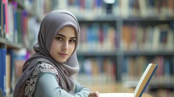 ai generado un joven medio oriental niña con oscuro marrón ojos y un hijab es estudiando en un biblioteca en Estanbul, foto