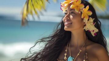 ai generado un joven polinesio mujer, con largo negro pelo y un flor en su cabello, es bailando hula en un playa en Hawai foto