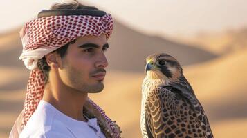 AI generated A young man from the Middle East, with a proud expression and a falcon on his arm, is participating in a falconry competition in the desert in the United Arab Emirates photo