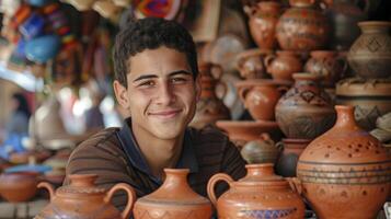 AI generated A young man from the Middle East, with a proud expression and a piece of pottery, is showcasing his work in a market in Marrakech, Morocco photo