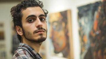 AI generated A young man from the Middle East, with a proud expression and a piece of art, is showcasing his work in a gallery in Tehran, Iran photo