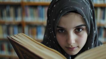 ai generado un joven medio oriental niña con oscuro marrón ojos y un hijab es estudiando en un biblioteca en Estanbul, foto