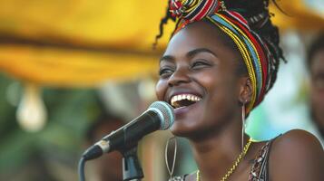 ai generado un joven mujer desde el caribe, con un alegre expresión y un micrófono, es canto a un música festival en Kingston, Jamaica foto