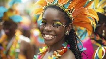 ai generado un joven mujer desde el caribe, con un alegre expresión y un carnaval traje, es bailando en un desfile en Puerto de España, trinidad y tobago foto