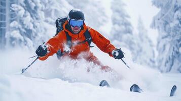 AI generated A young Scandinavian man with blond hair and blue eyes is skiing down a slope in Norway photo