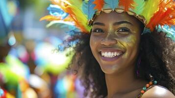 ai generado un joven mujer desde el caribe, con un alegre expresión y un carnaval traje, es bailando en un desfile en Puerto de España, trinidad y tobago foto