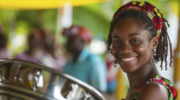 ai generado un joven mujer desde el caribe, con un alegre expresión y un sartén de acero, es jugando música en un banda en Puerto de España, trinidad y tobago foto