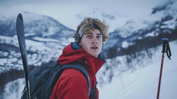 AI generated A young Scandinavian man with blond hair and blue eyes is skiing down a slope in Norway photo