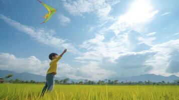 ai generado un joven Sureste asiático chico es volador un hecho a mano cometa en un arroz campo en Vietnam foto