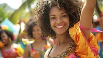 AI generated A young woman from the Caribbean, with curly hair and a colorful dress, is dancing at a carnival in Trinidad photo