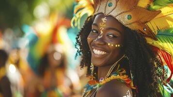 ai generado un joven mujer desde el caribe, con un alegre expresión y un carnaval traje, es bailando en un desfile en Puerto de España, trinidad y tobago foto