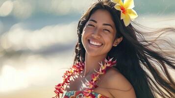 ai generado un joven polinesio mujer, con largo negro pelo y un flor en su cabello, es bailando hula en un playa en Hawai foto