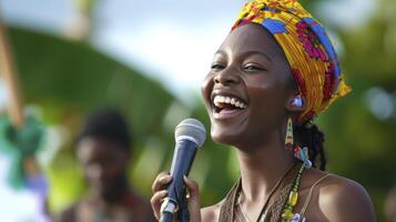 ai generado un joven mujer desde el caribe, con un alegre expresión y un micrófono, es canto a un música festival en Kingston, Jamaica foto