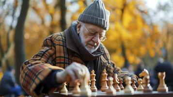 ai generado un mayor europeo hombre es jugando ajedrez en un parque en Berlina foto