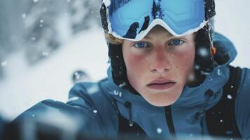 AI generated A young Scandinavian man with blond hair and blue eyes is skiing down a slope in Norway photo