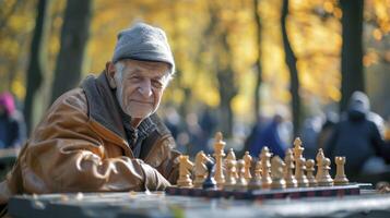 ai generado un mayor europeo hombre es jugando ajedrez en un parque en Berlina foto