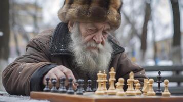 ai generado un mayor hombre desde oriental Europa, con un grueso barba y un piel sombrero, es jugando un juego de ajedrez en un parque en Moscú foto